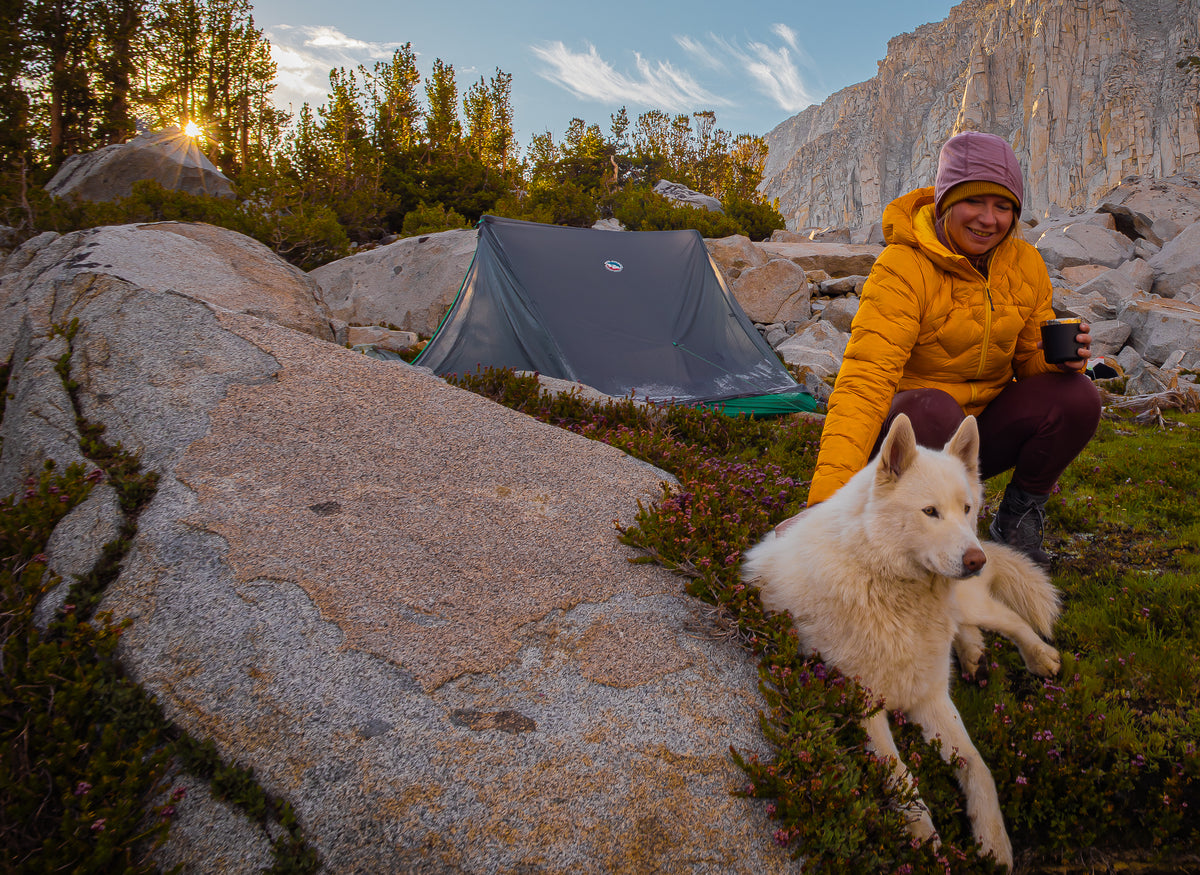 Person in yellow jacket with a white dog by a tent in a rocky outdoor setting